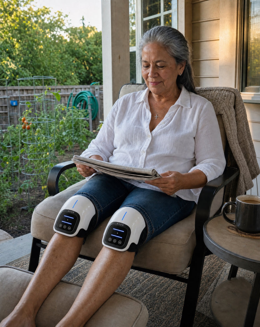 Avor on both knees on a porch chair