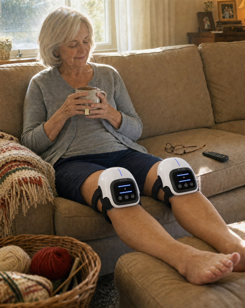 Woman using Avor on both knees on the sofa