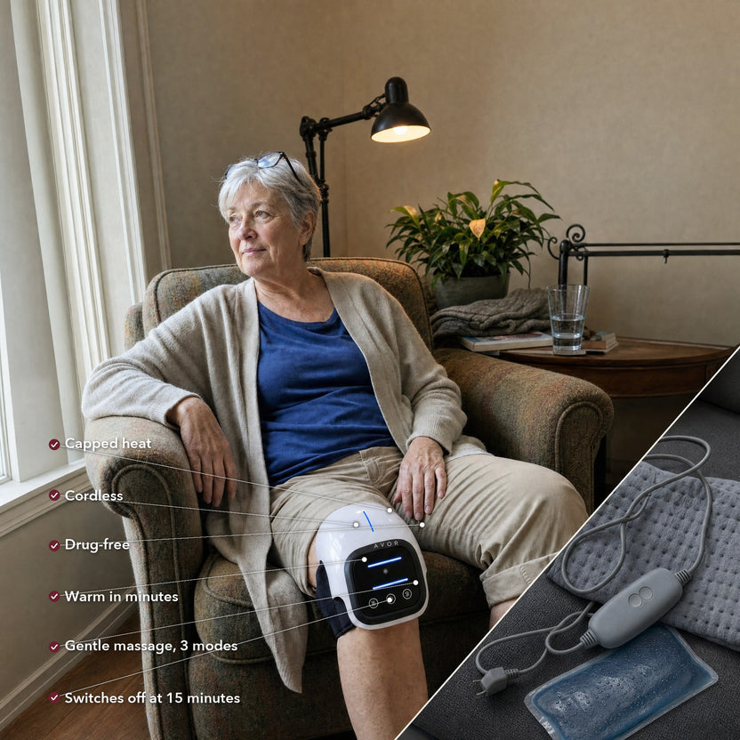 Six things to know about Avor: warm in minutes, gentle massage, switches off at 15 minutes, cordless, drug-free, capped heat, beside the old way of a corded pad and an ice pack