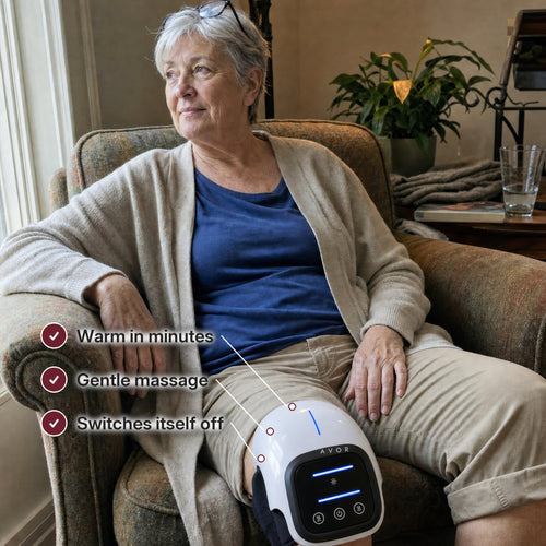 Avor on the knee in an armchair: warm in minutes, gentle massage, switches itself off