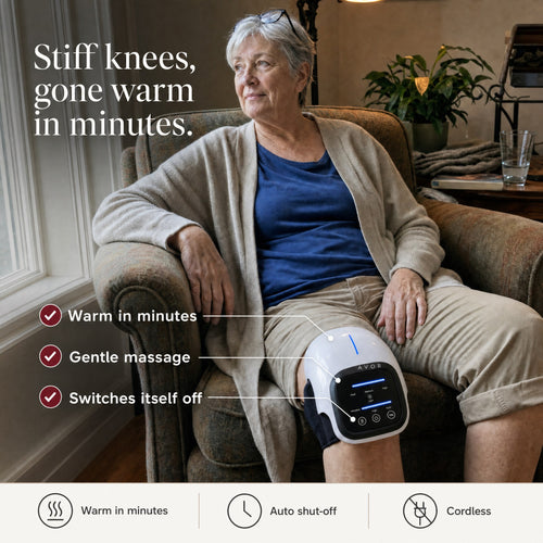 Stiff knees, gone warm in minutes: Avor on the knee, warm in minutes, gentle massage, switches itself off