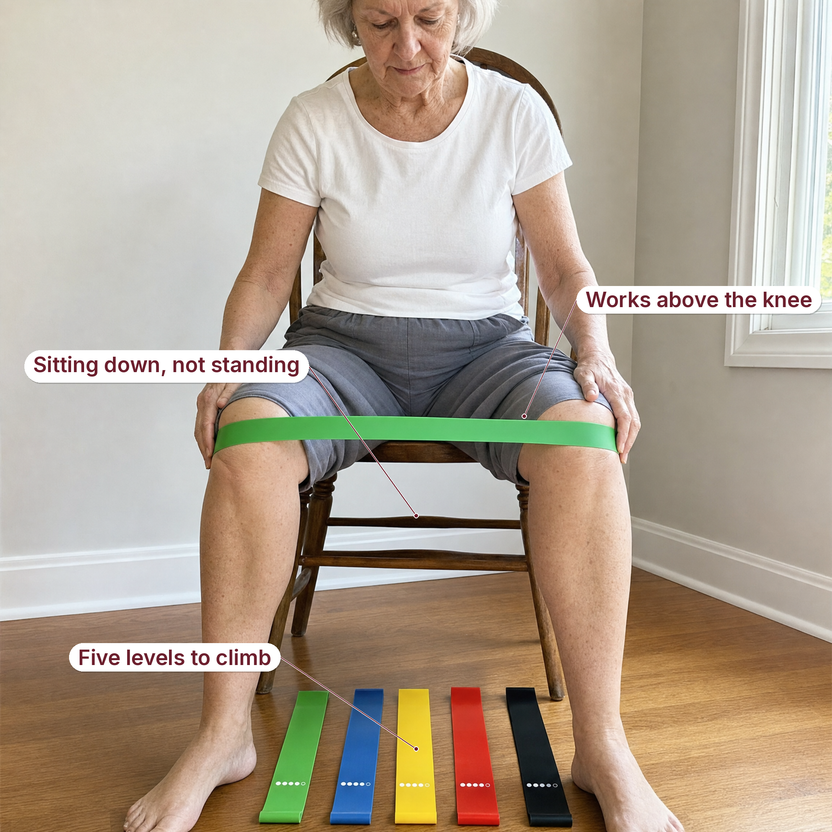 The green loop band worn above both knees while seated, with labels reading sitting down not standing, works above the knee, five levels to climb