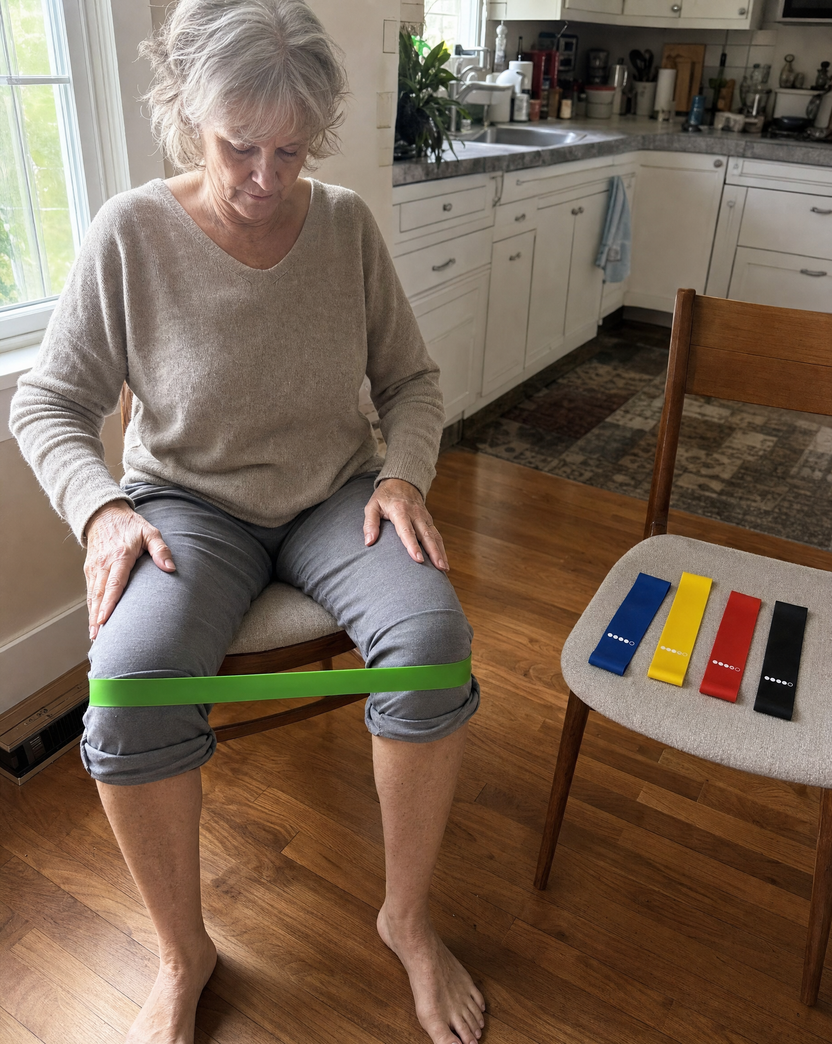 A woman in her sixties sits on a kitchen chair with the green loop band around both legs above the knees, pressing her knees apart