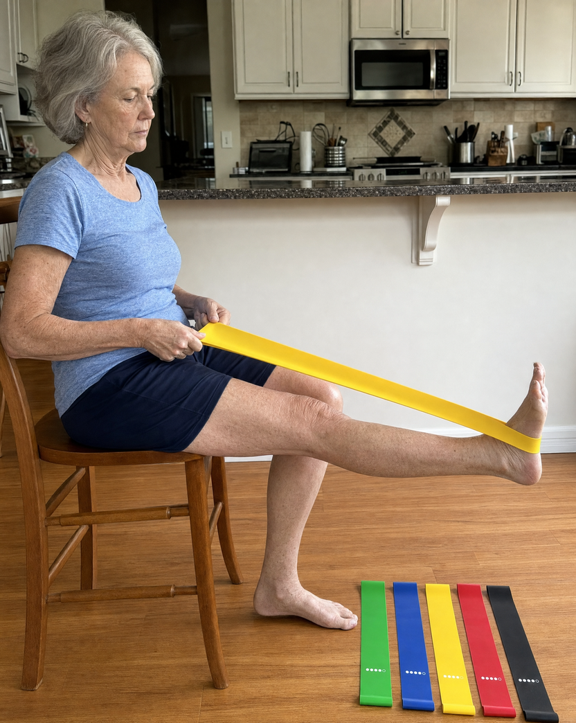 A woman seated on a kitchen chair straightens one leg against the yellow loop band hooked around her foot