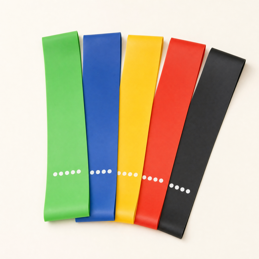 The five loop resistance bands, green, blue, yellow, red and black, laid out flat on a warm off-white background