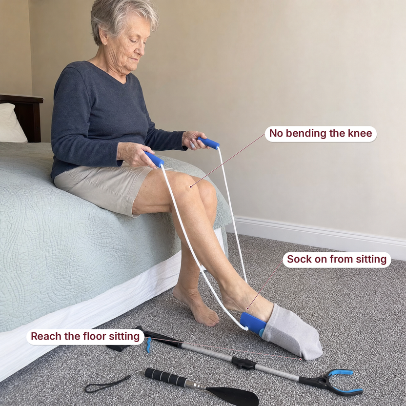 A woman using the blue sock aid from the edge of her bed, with labels reading no bending the knee, sock on from sitting, reach the floor sitting