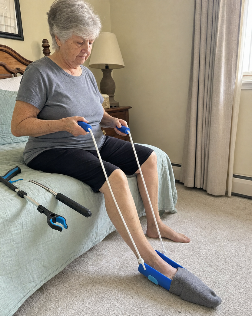 A woman sits on the edge of her bed and pulls a sock on with the blue sock aid without bending down