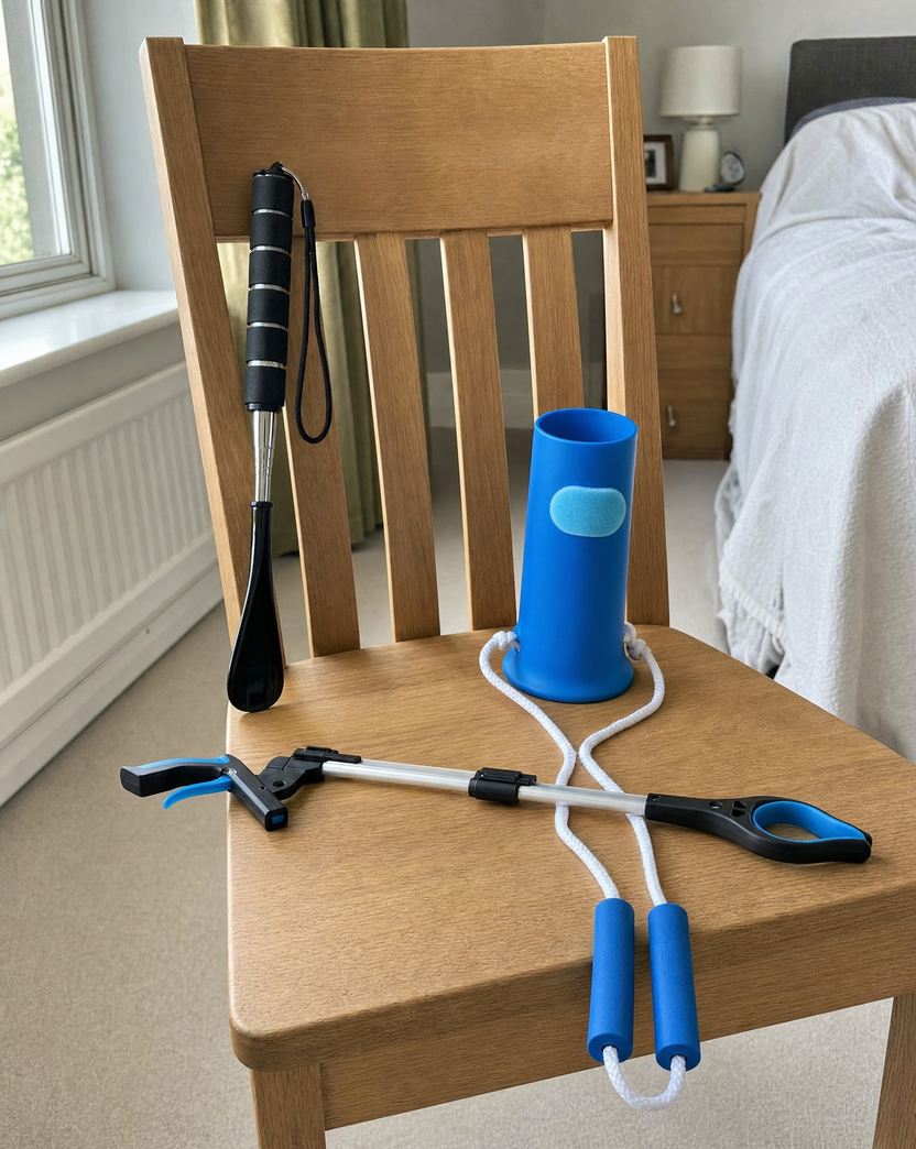 The sock aid, the long shoehorn and the folding reacher resting together on a wooden bedroom chair