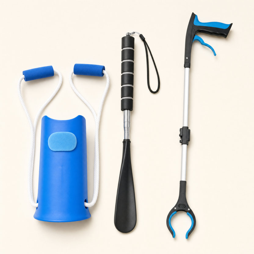 The three piece kit seen from above: the blue sock aid with its cords and foam handles, the long shoehorn and the folding reacher