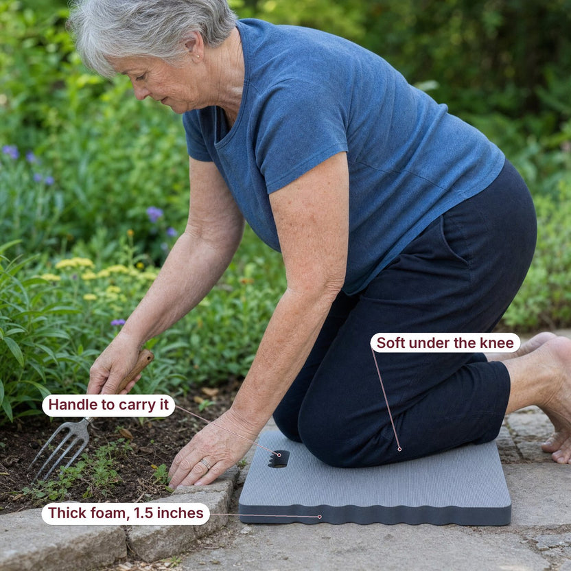 Garden kneeler pad in use, with labels for the foam thickness and the carry handle