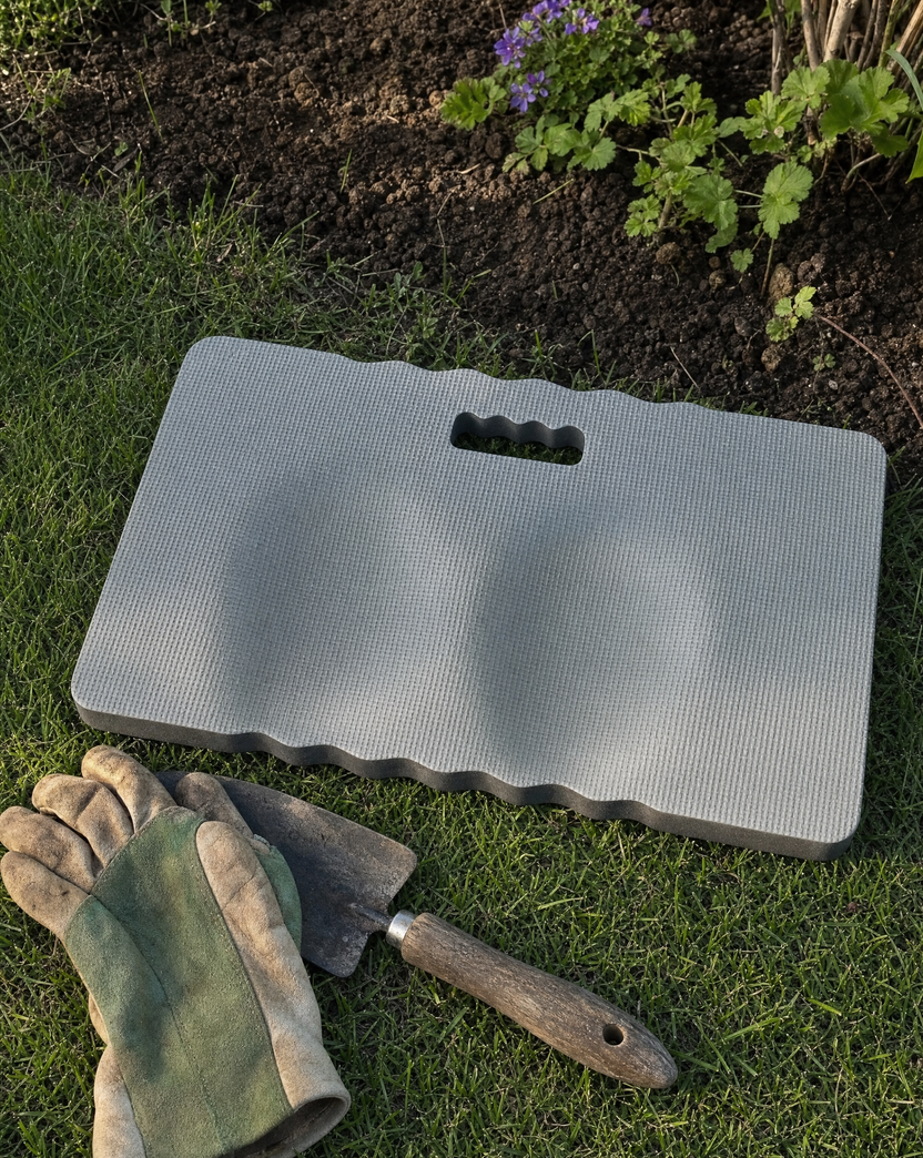 The grey garden kneeler pad lying on the grass beside worn gardening gloves and a trowel