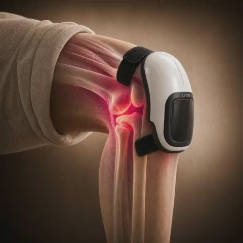Animation: warmth spreading through a stiff knee while the Avor wrap runs