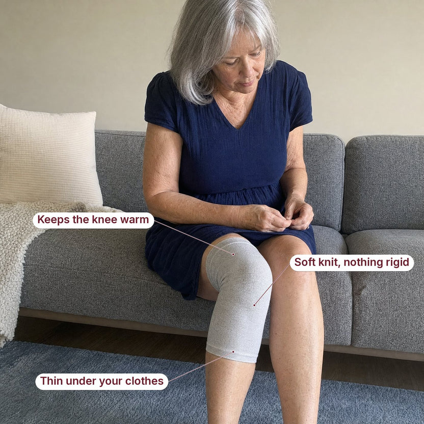 Knee sleeve worn under clothes, with labels for warmth and the soft knit
