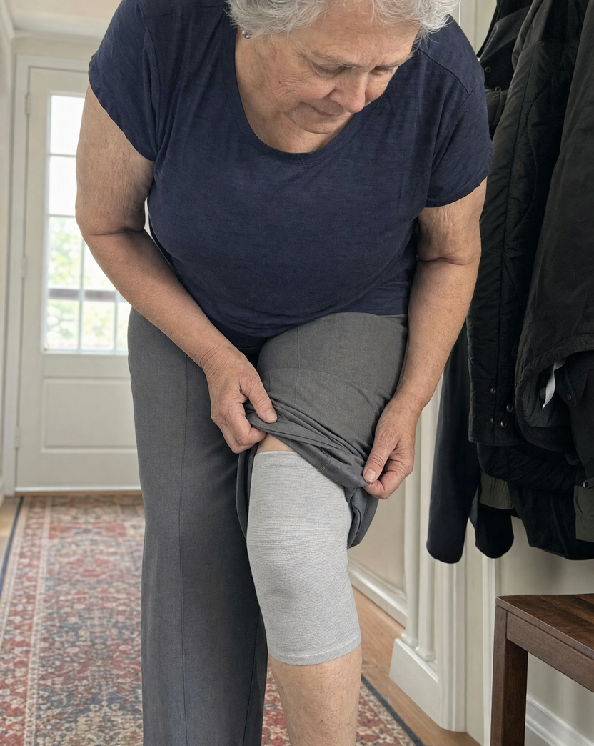 A woman pulls her trouser leg down over a light grey knit knee sleeve in her hallway