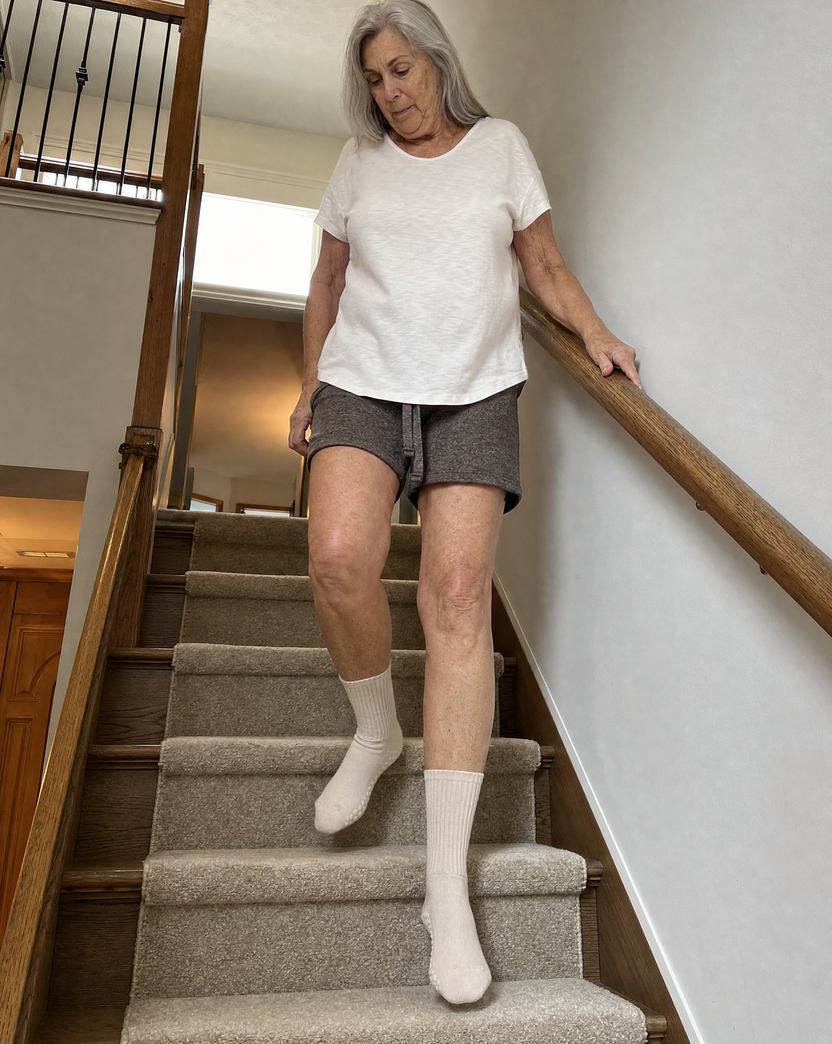 A woman comes down a carpeted staircase in the ivory grip socks with one hand on the handrail