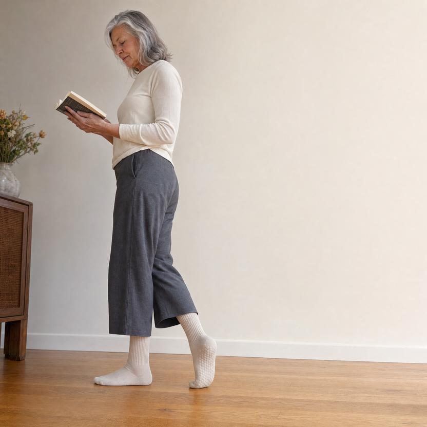 A woman in her seventies walks across a wooden floor at home in the ivory grip socks