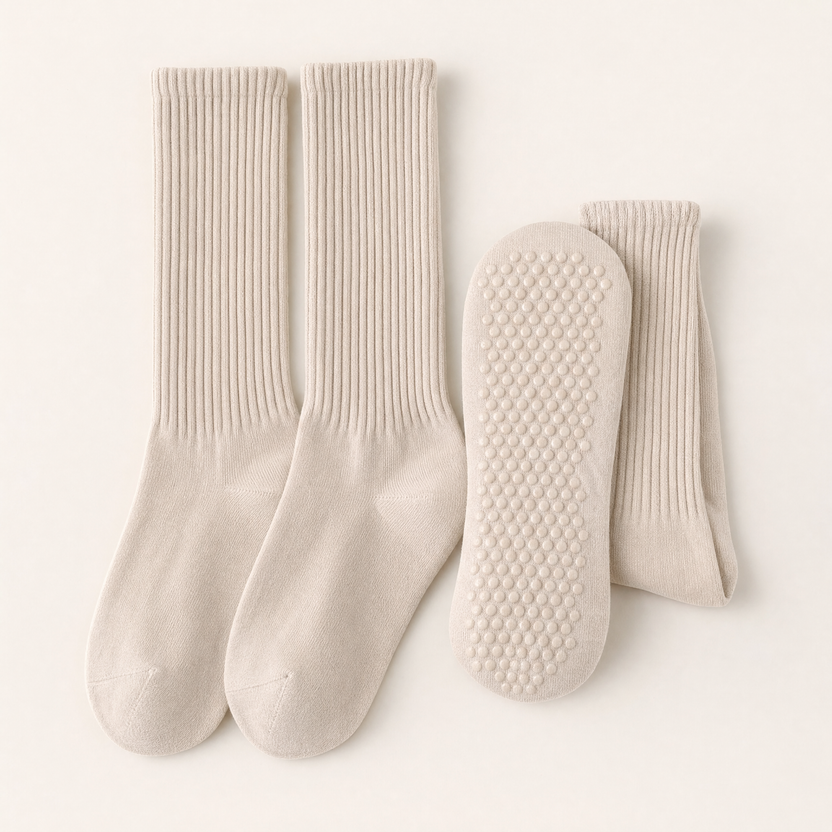 Two pairs of ivory ribbed grip socks, one turned to show the silicone grip dots across the sole, on a warm off-white background